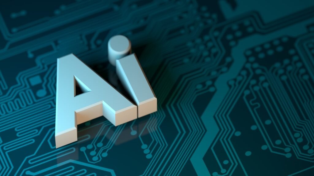 AI lettering set into a dark circuit board