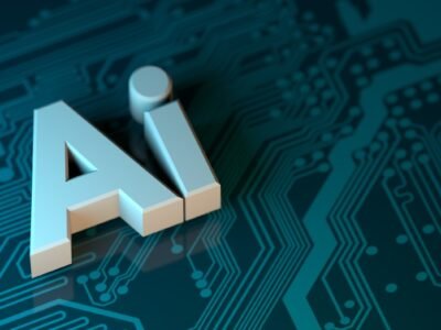 AI lettering set into a dark circuit board