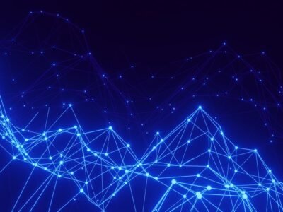 Connected network of nodes on a blue field