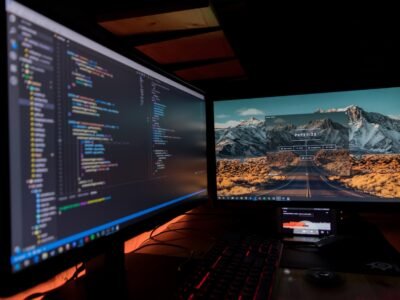 Dual-monitor workstation used for game development